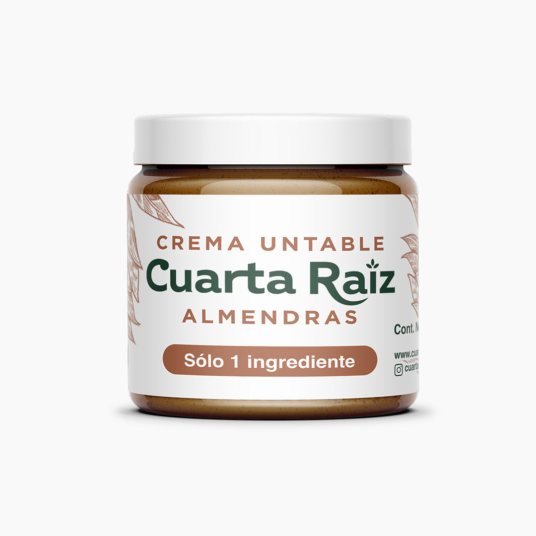 Frasco frontal de crema de almendras cuarta raiz organica sin aditivos son gluten keto un solo ingrediente