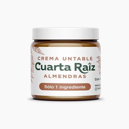 Frasco frontal de crema de almendras cuarta raiz organica sin aditivos son gluten keto un solo ingrediente