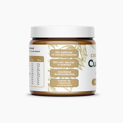 Frasco lateral de crema de cacahuate Cuarta Raíz, mostrando claims de beneficios: sin aditivos, contiene antioxidantes, fuente de vitaminas y minerales