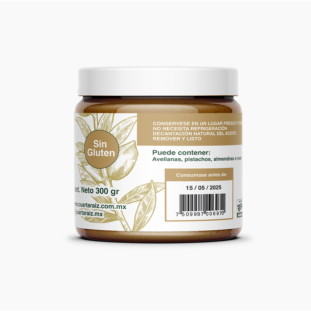 Parte trasera del frasco de crema untable de cacahuate Cuarta Raíz, mostrando la etiqueta sin gluten y detalles de conservación del producto 100% natural