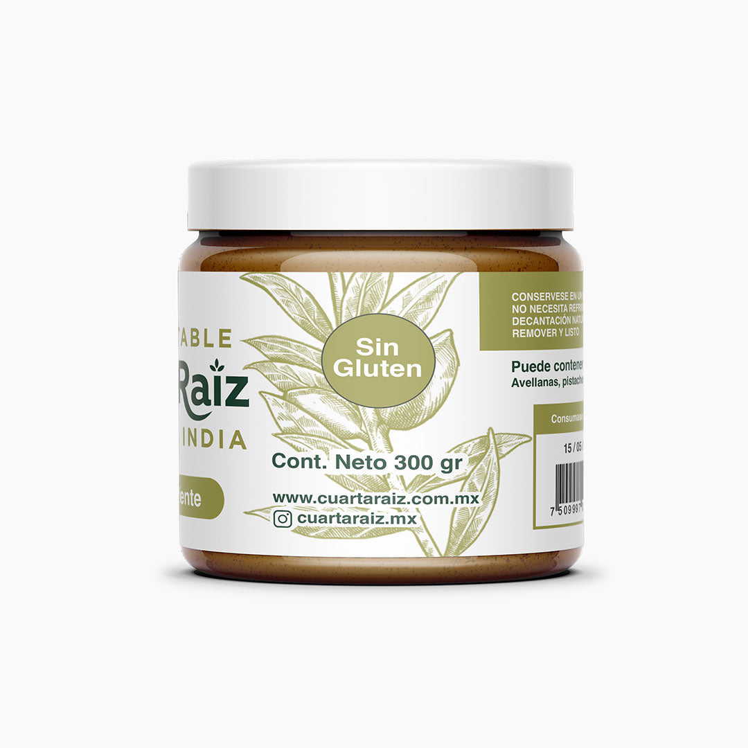 Parte trasera del frasco de crema untable de nuez de la India Cuarta Raíz, con etiqueta sin gluten y detalles de conservación. Producto natural y sin aditivos