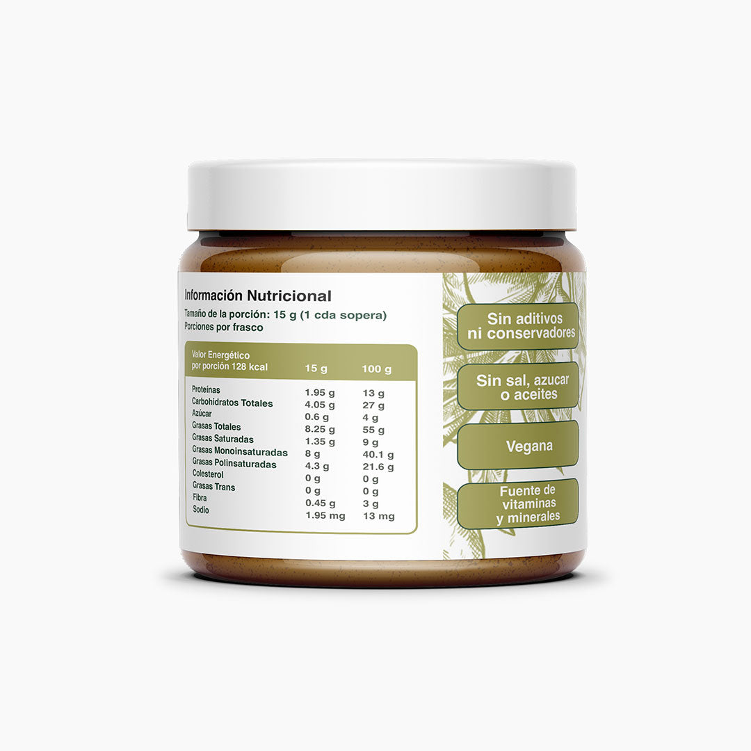 Frasco de crema de nuez de la India Cuarta Raíz mostrando la tabla nutricional, sin aditivos, sin sal ni azúcar, ideal para dietas saludables y veganas