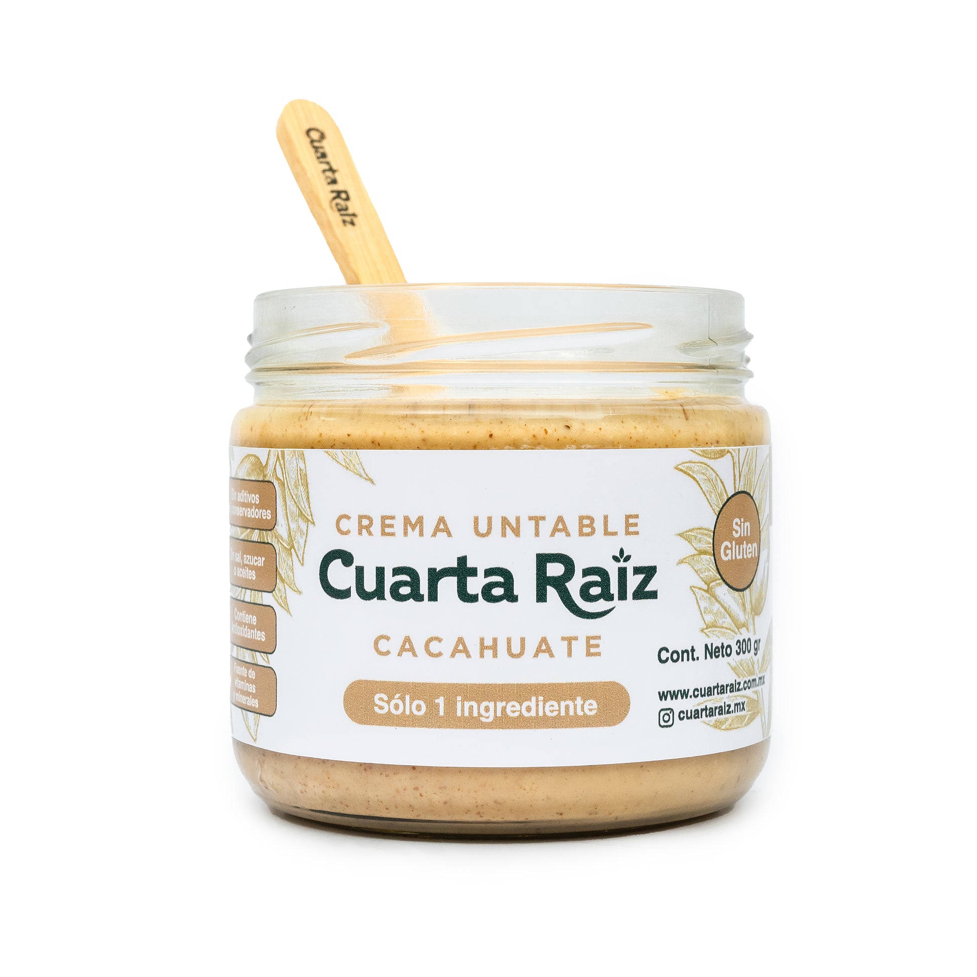 Frasco de crema untable de cacahuate Cuarta Raíz, mantequilla de mani, sin gluten, sin azúcar, con un solo ingrediente, ideal para dietas veganas y keto. Producto natural, libre de conservadores, hecho en México